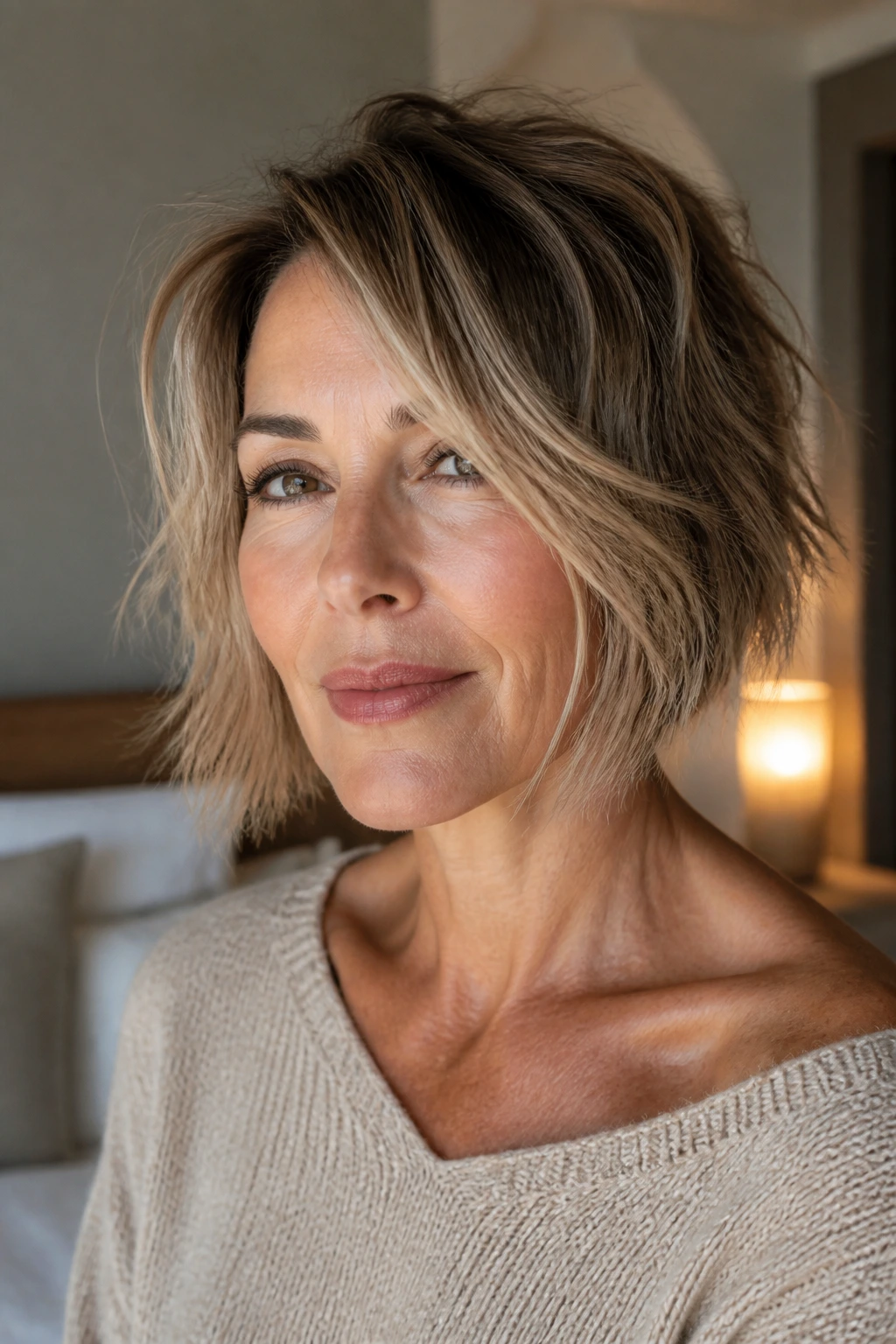 Close-up portrait of a real woman with a tousled short bob and longer front pieces framing the jaw