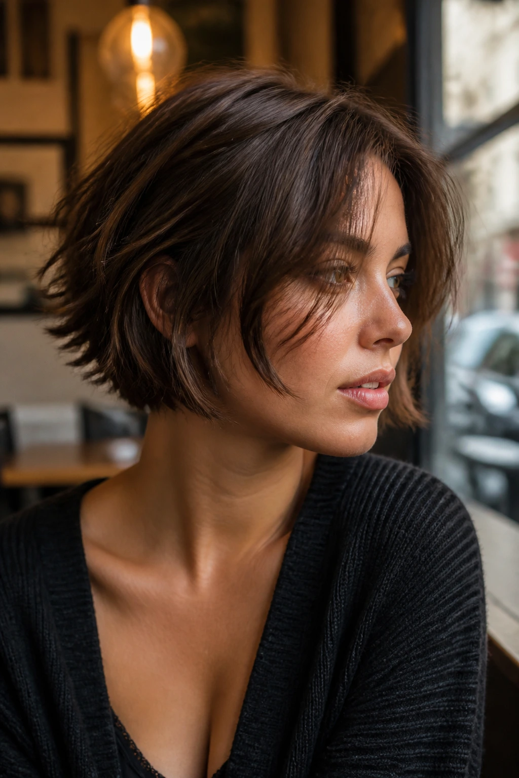 Close-up portrait of a real person with a tousled short bob and piecey ends in a cafe setting.