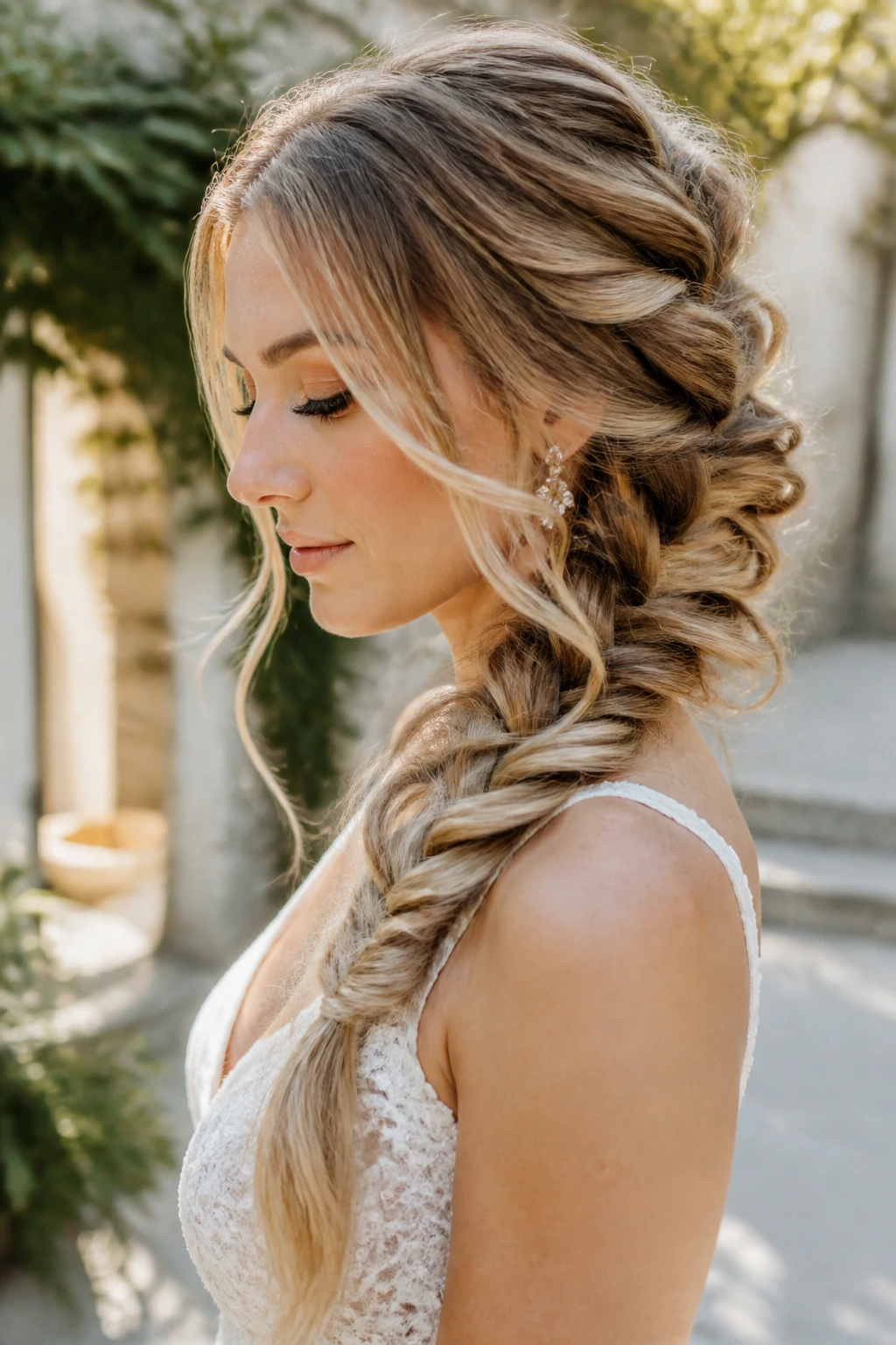 Bride with tousled side braid featuring layered wefts