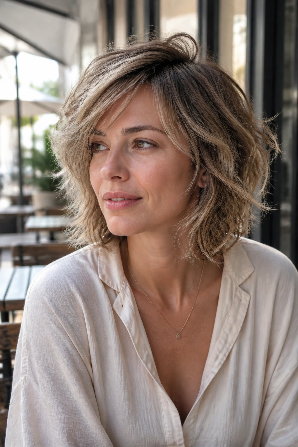 Portrait of a real person with tousled side-part shag hairstyle