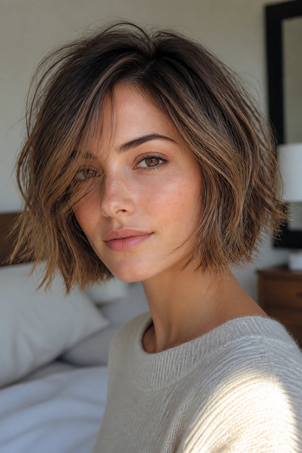Close-up of real woman with a tousled textured bob in window-light setting