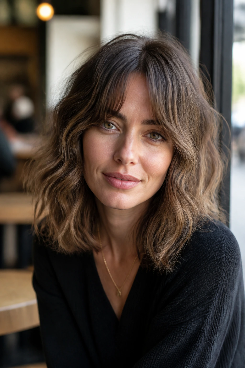 Real-person portrait with tousled mid-length waves and bottleneck fringe in natural light