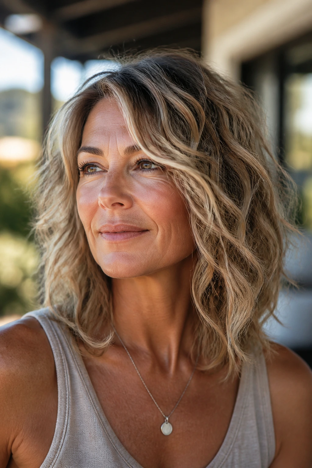 Close-up of a real woman with tousled waves and broken-up texture