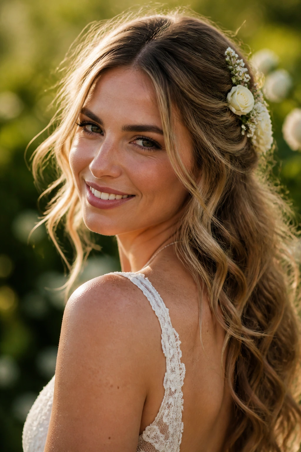 Close-up of a bride with tousled waves and fresh flowers tucked near the ear
