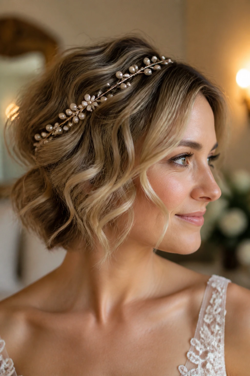 Bride with tousled waves and a hair vine across the crown