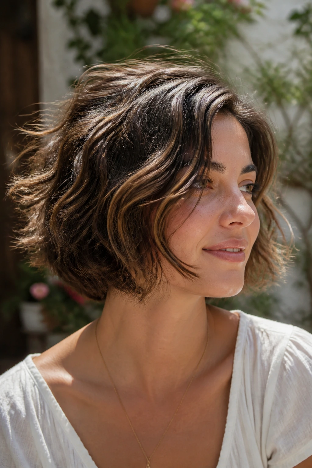 Portrait of a woman with tousled wavy bob in sunlit outdoor setting.