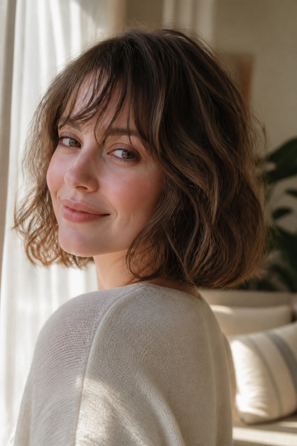 Portrait of a real woman with a tousled wavy bob and see-through bangs.