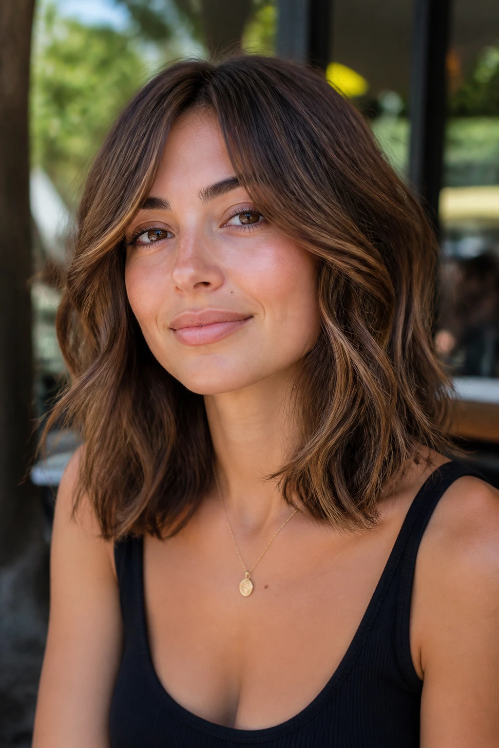 Close-up of a real woman with tousled wavy butterfly lob hairstyle