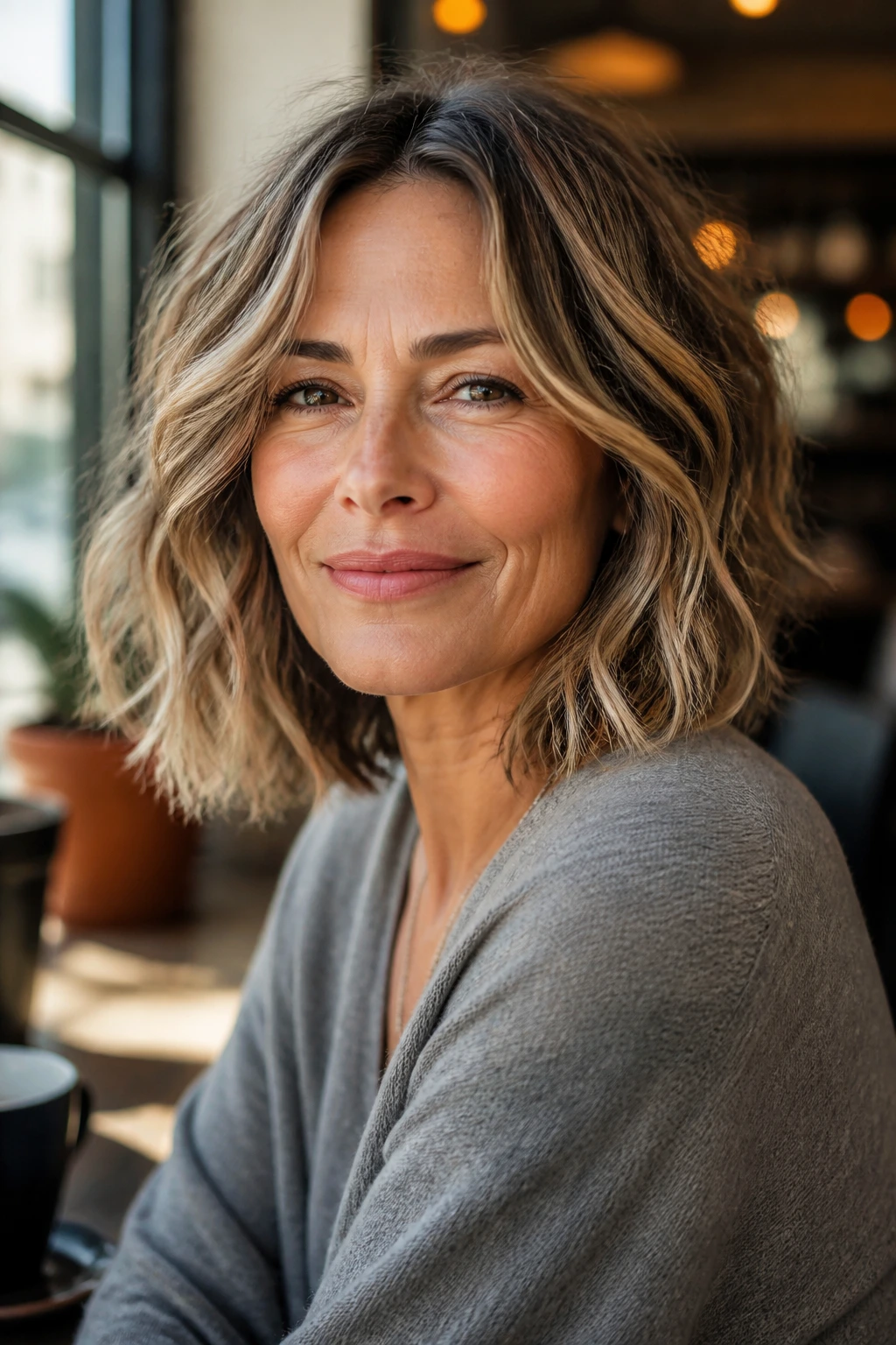 Close-up of a real woman with tousled wavy lob in cafe window light