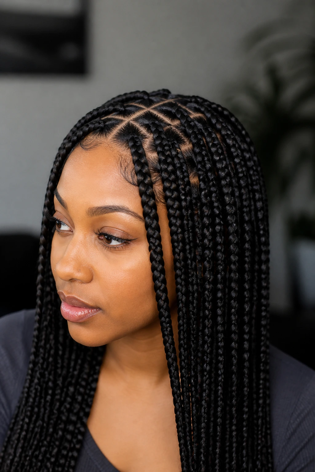 Close-up of a woman with traditional box braids under soft indoor light