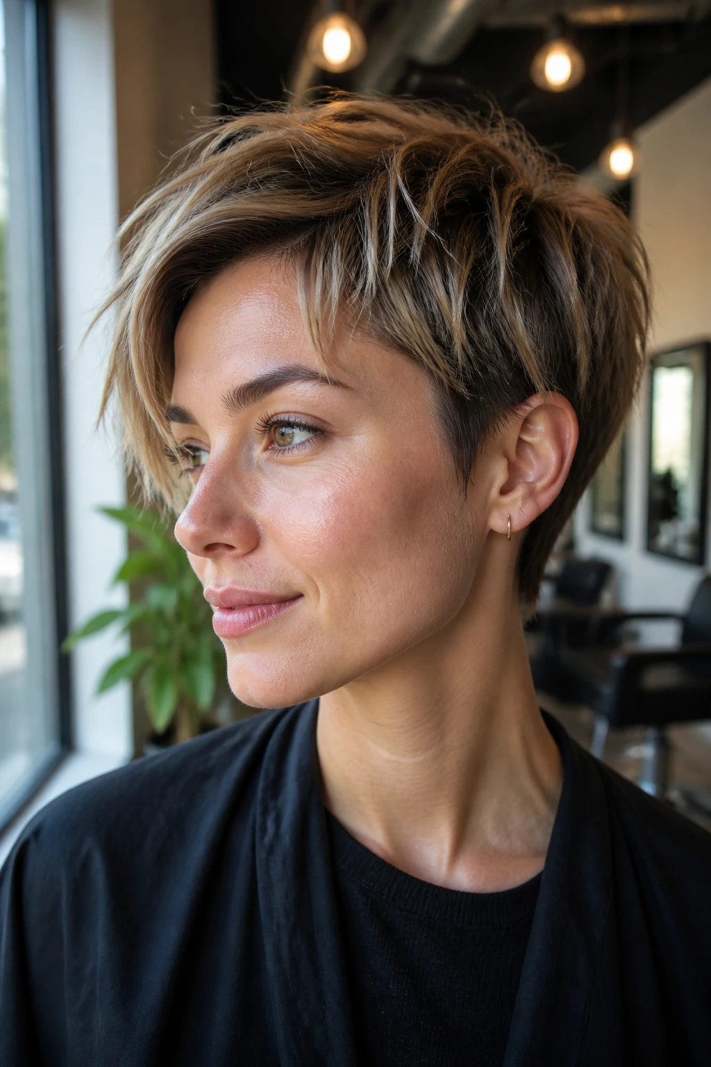 Real person with grown-out transitional pixie showing textured crown and tapered nape