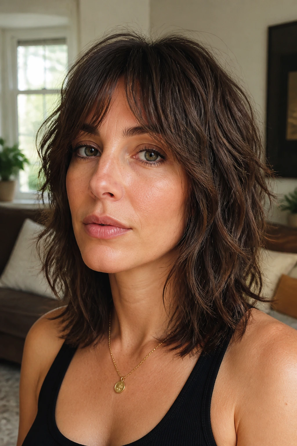 Close-up portrait of a real woman with shoulder-length transitional shag in a cozy living room.