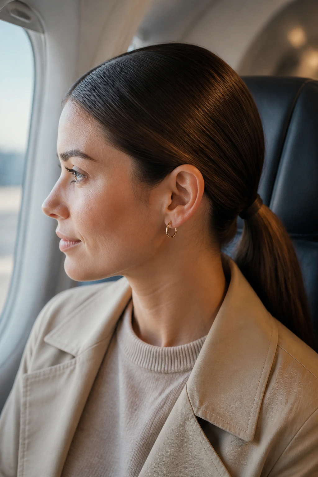 Close-up travel-day low ponytail with flat base on real woman
