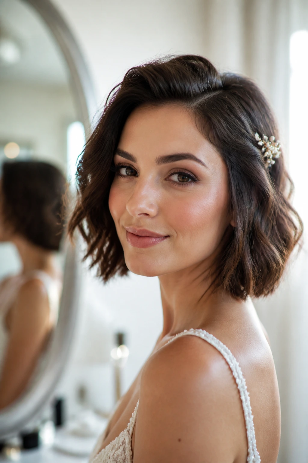 Bride with textured bridal bob in a bright bridal suite