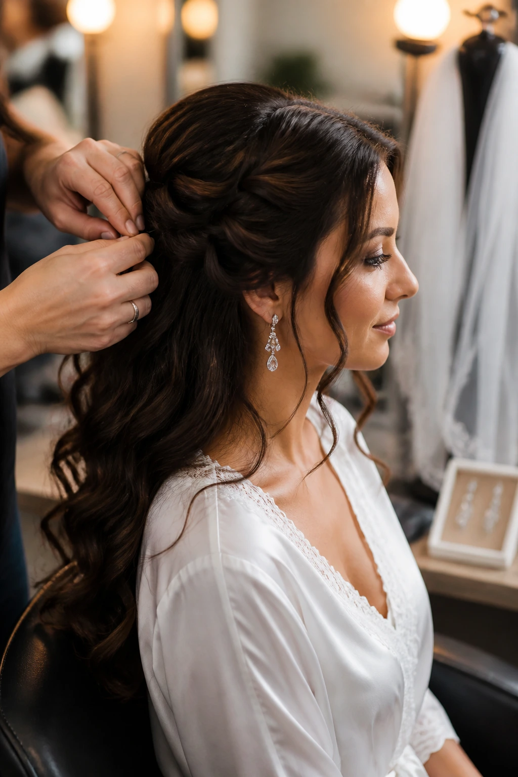 Bride in salon chair during hair trial showing defined curls and pinned sections