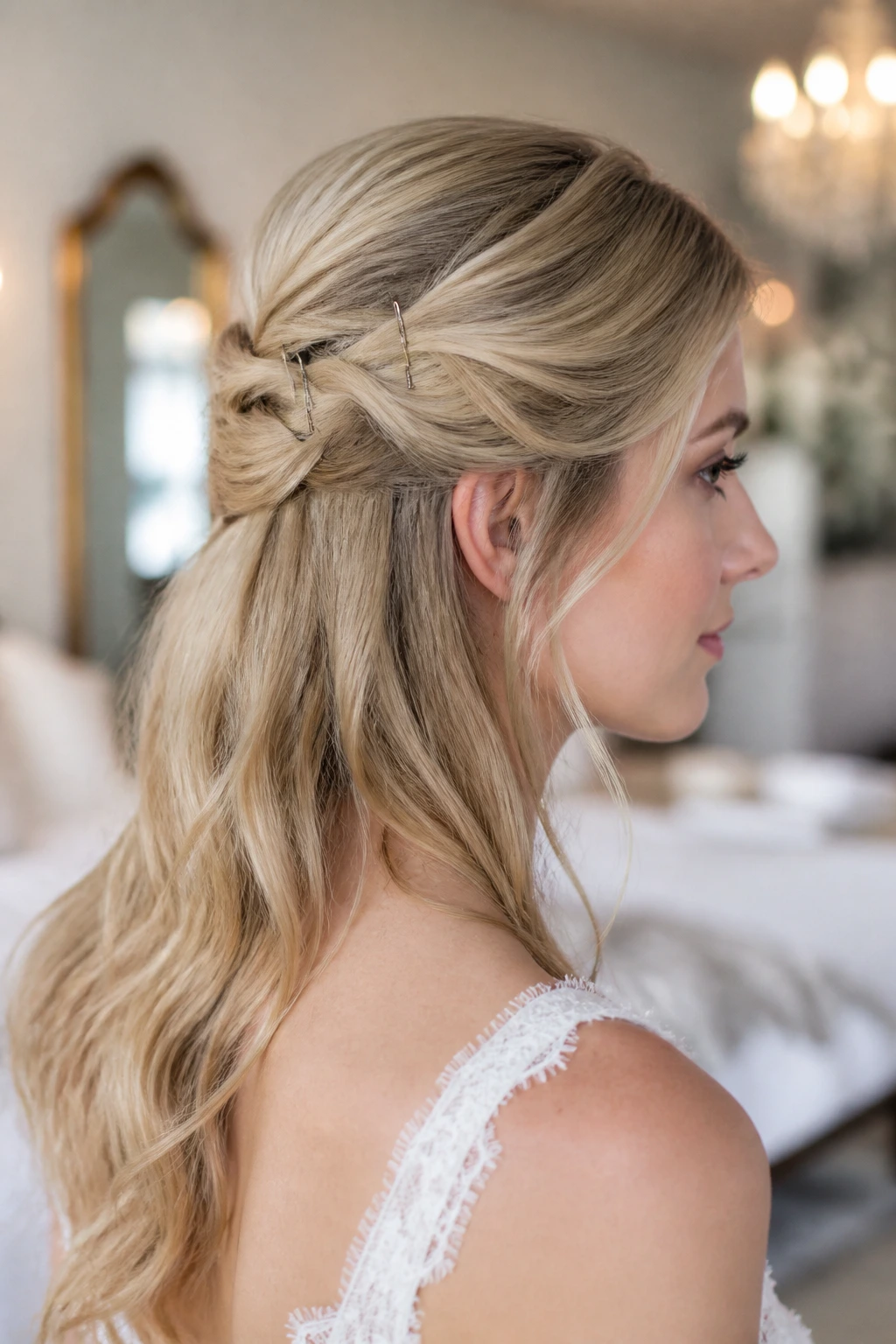 Bridal trial run close-up headshot with pinned half-up hairstyle in bridal suite.