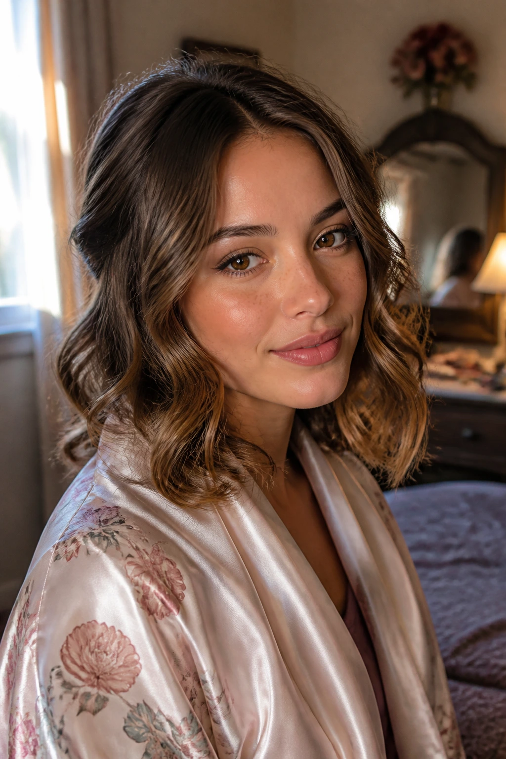 Close-up portrait of a real person with freshly styled hair and silk scarf in a warm bedroom dressing area.