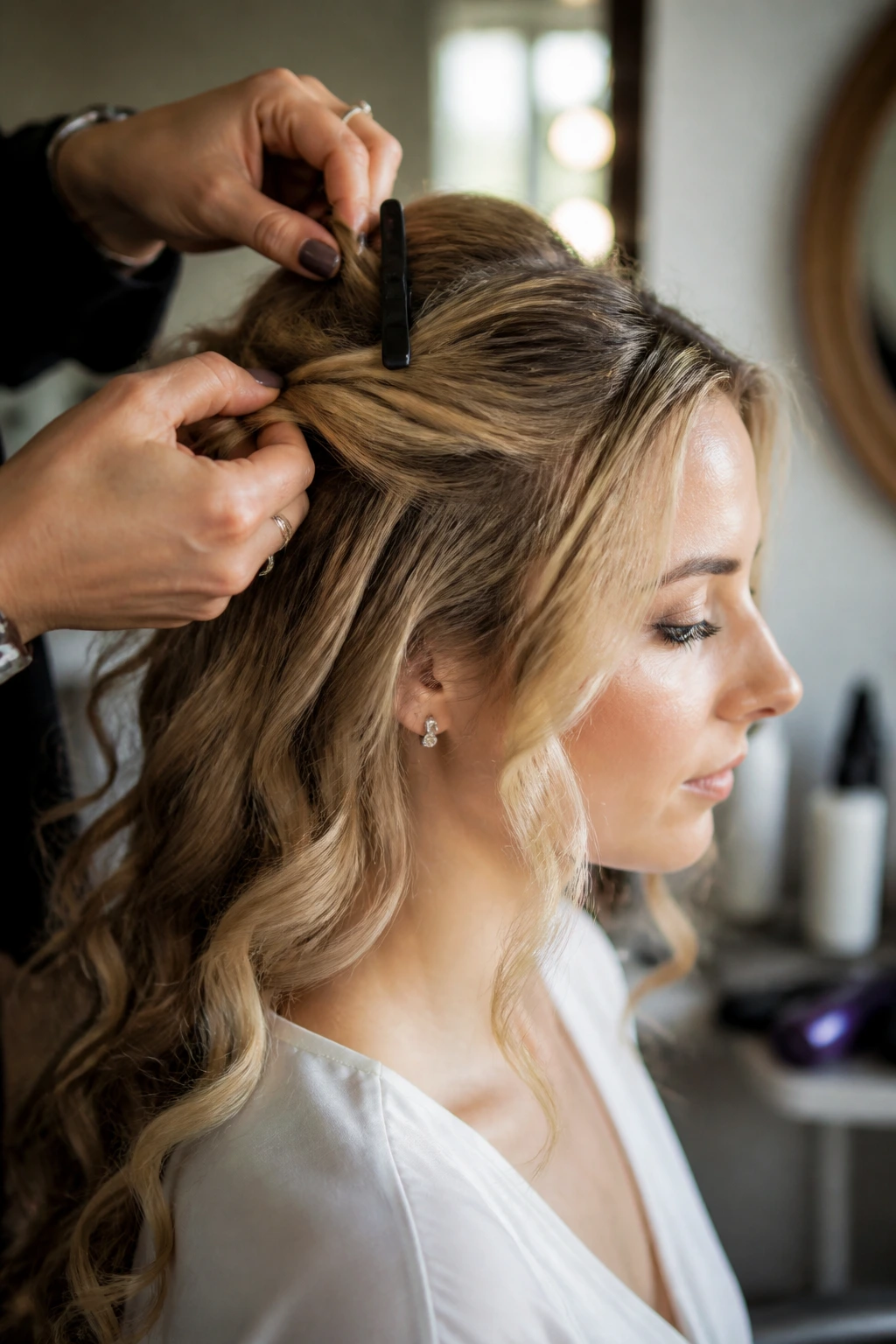 Real bride during a trial with a stylist adjusting a sectioning clip in her hair