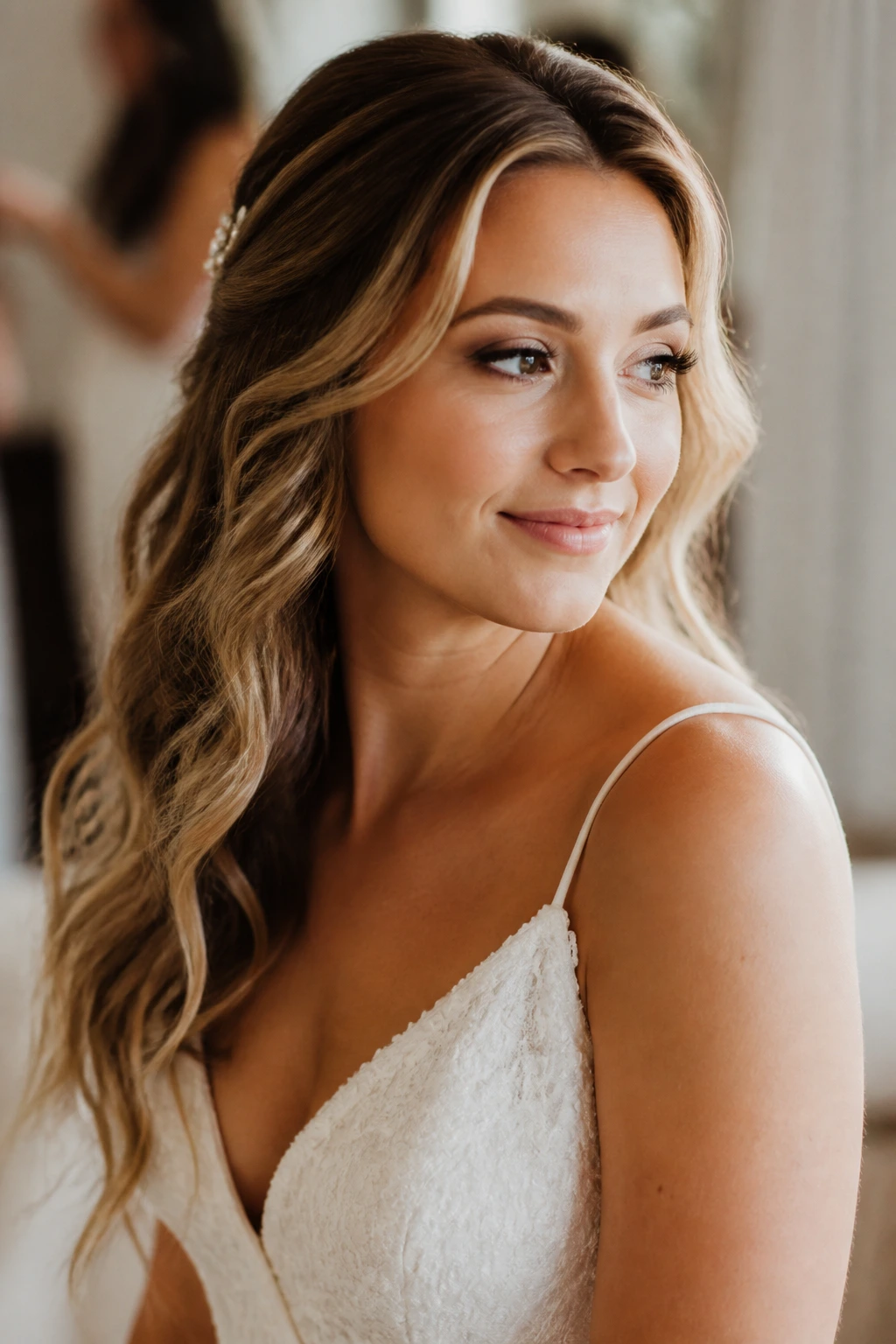 Close-up bride with trial-run wavy bridal hairstyle in soft window light