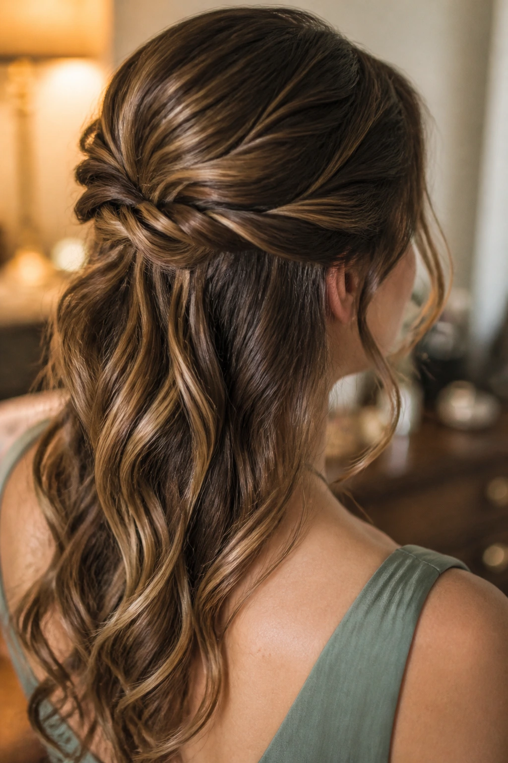 Bridesmaid hair during a trial run with twist pinned back