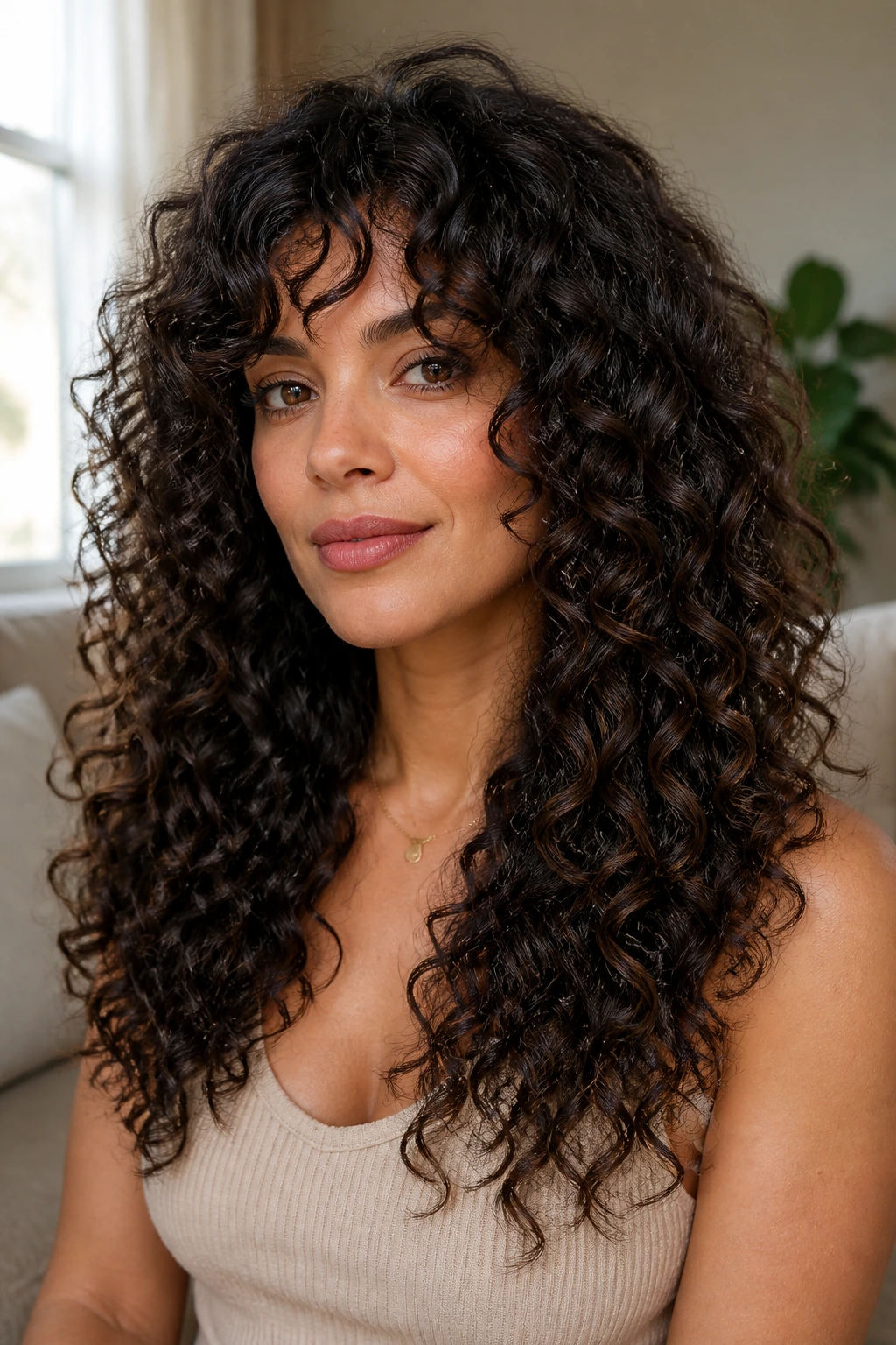 Close-up portrait of a real woman with a triangle-balance cut on thick curly hair