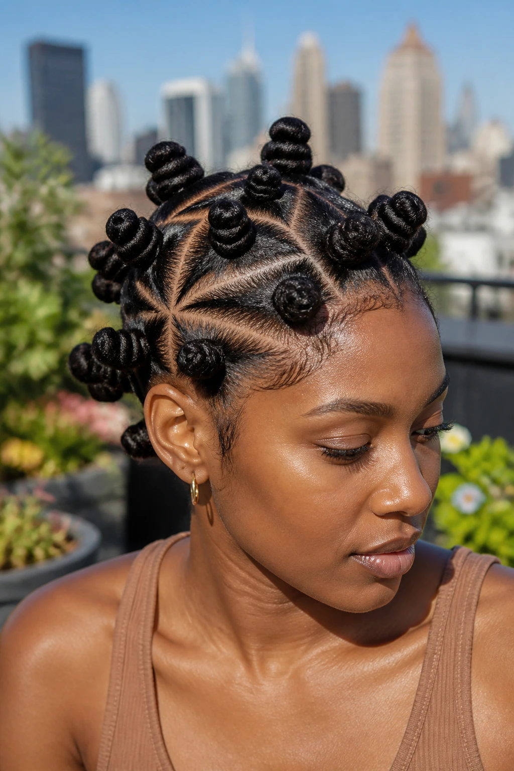 Close-up portrait of a woman with triangle-part Bantu knots.
