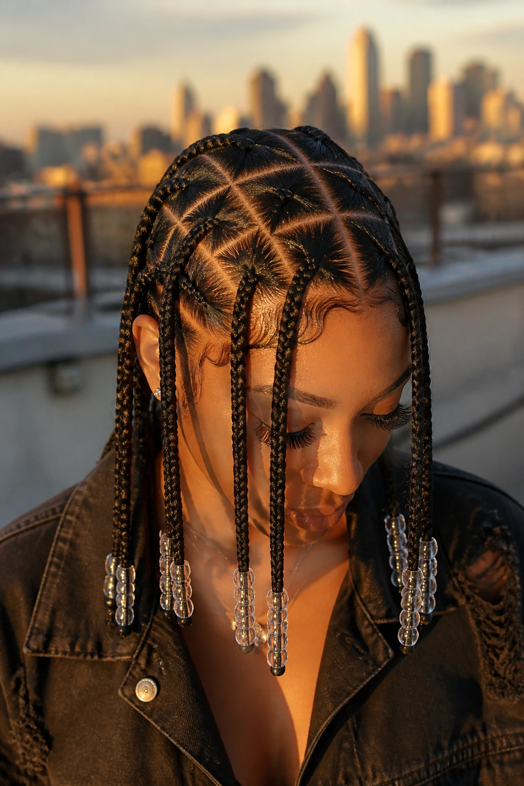 Close-up of triangle-part tribal braids with transparent beads on a real person.