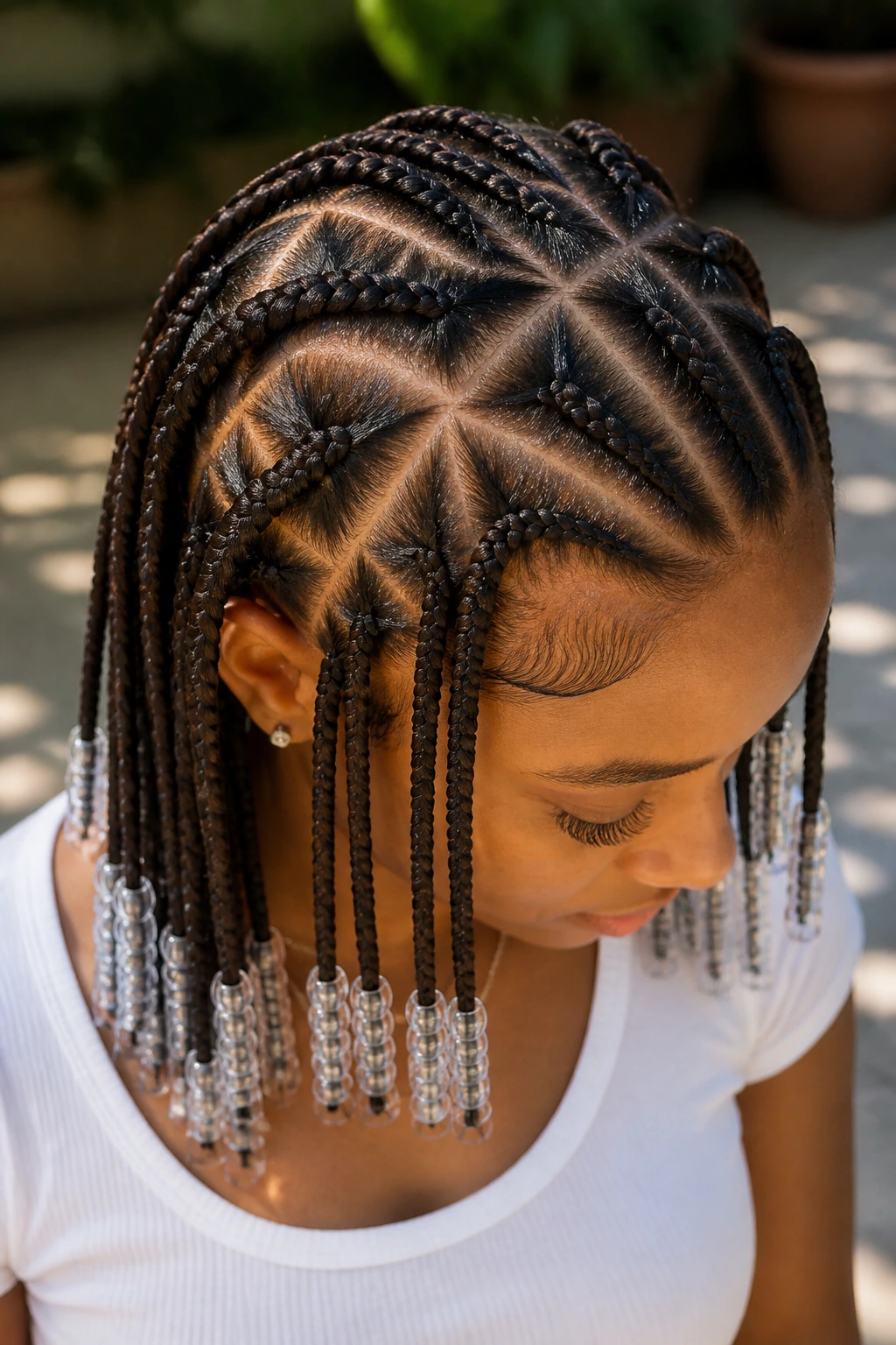 Triangle-part tribal braids with transparent beads in a close-up