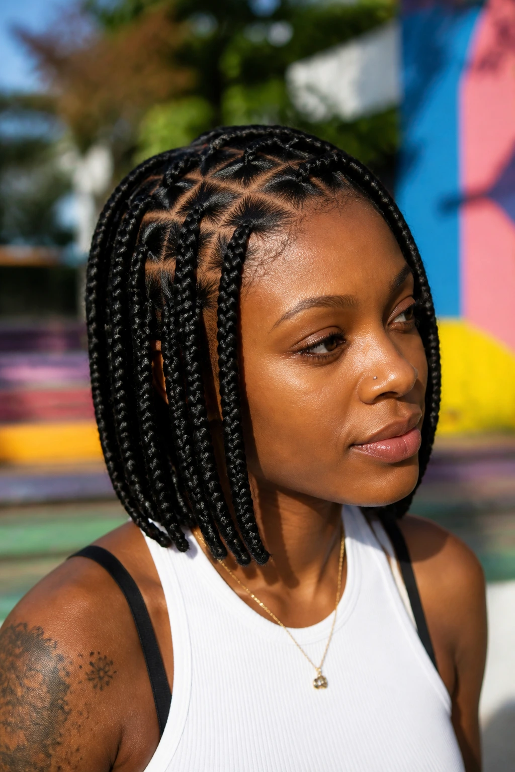 Close-up of a real woman with triangle-part bob box braids