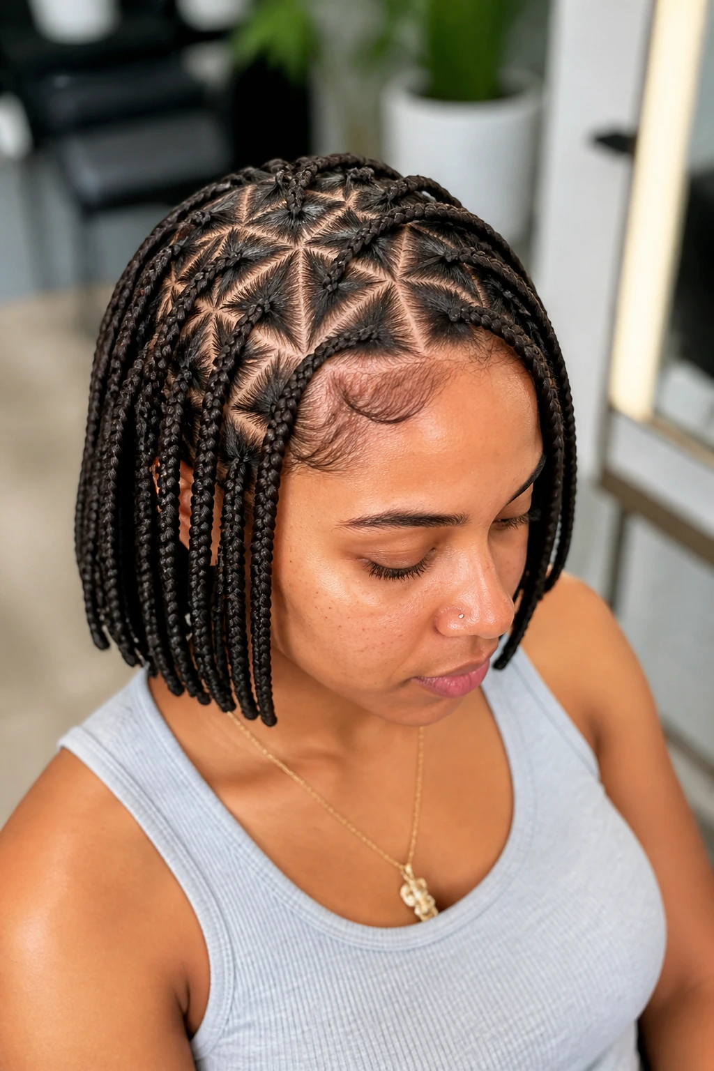 Close-up of a real person with triangle-part bob braids showing crisp triangular scalp parts.