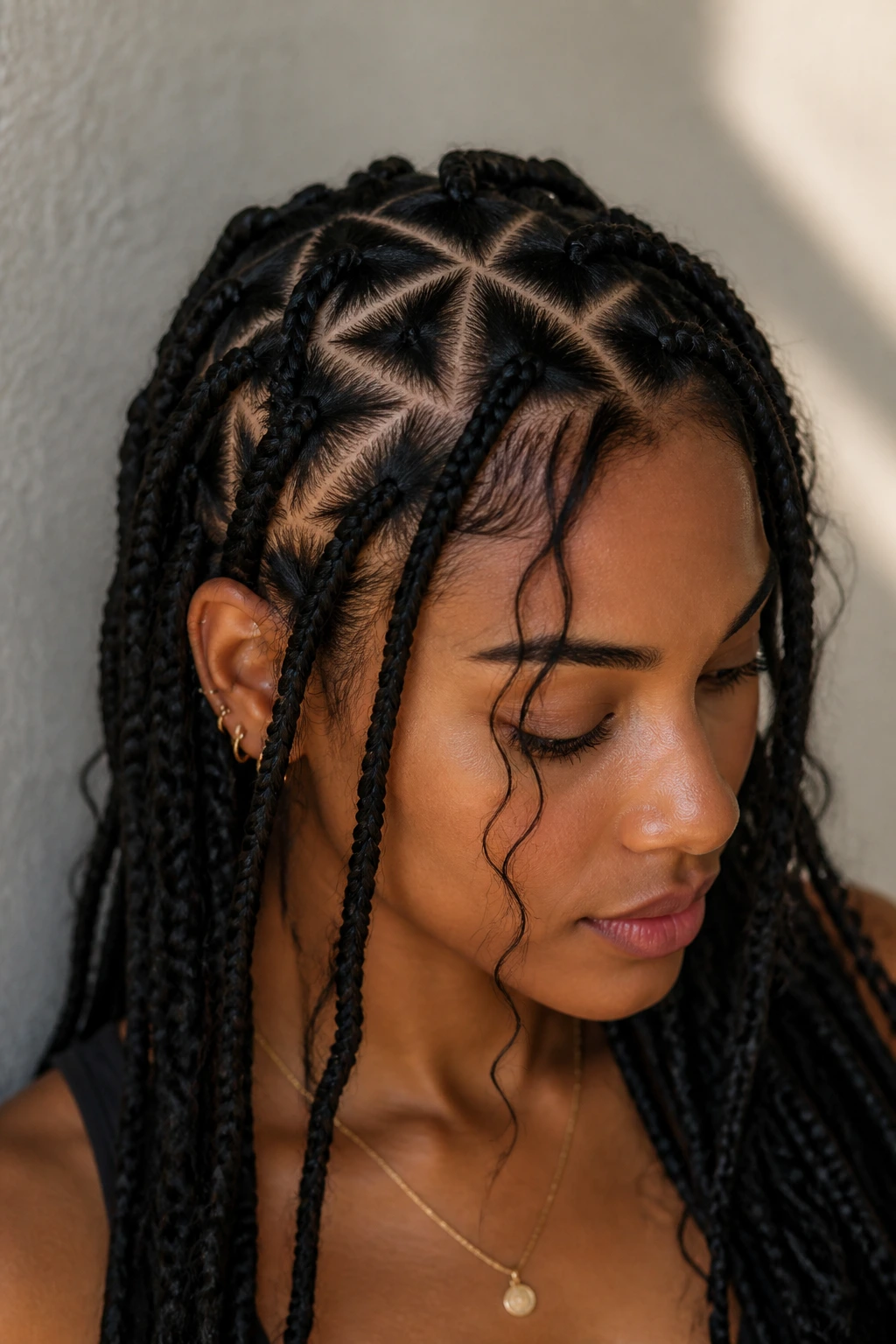 Close-up of a real person with triangle-part boho braids