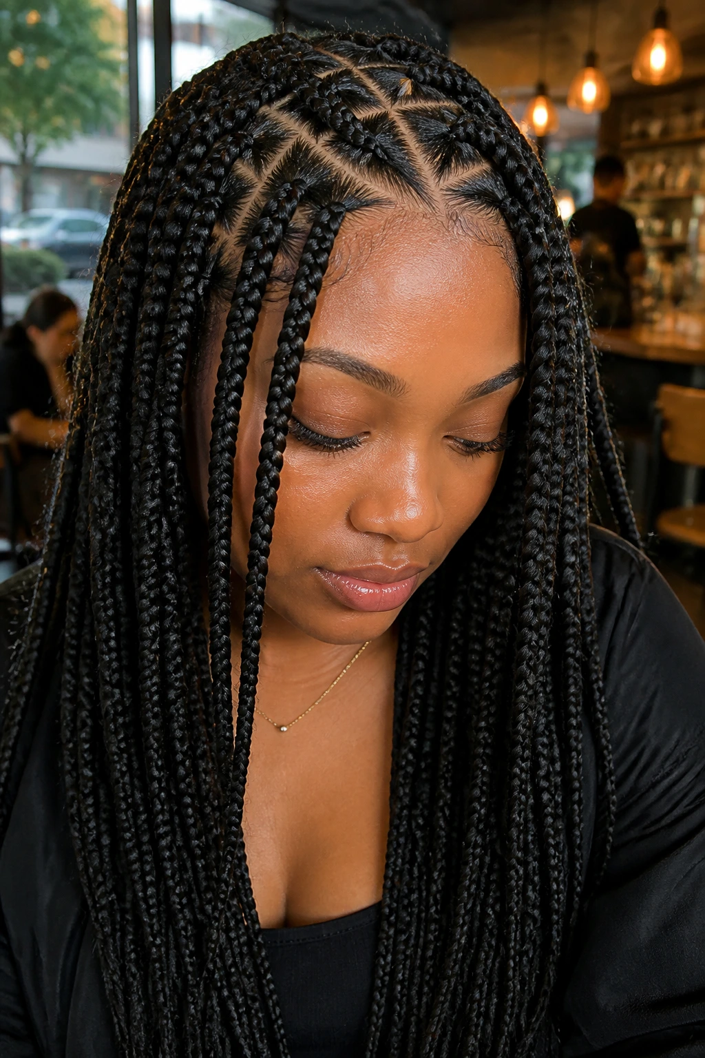 Real woman with triangle-part box braids and triangular scalp sections