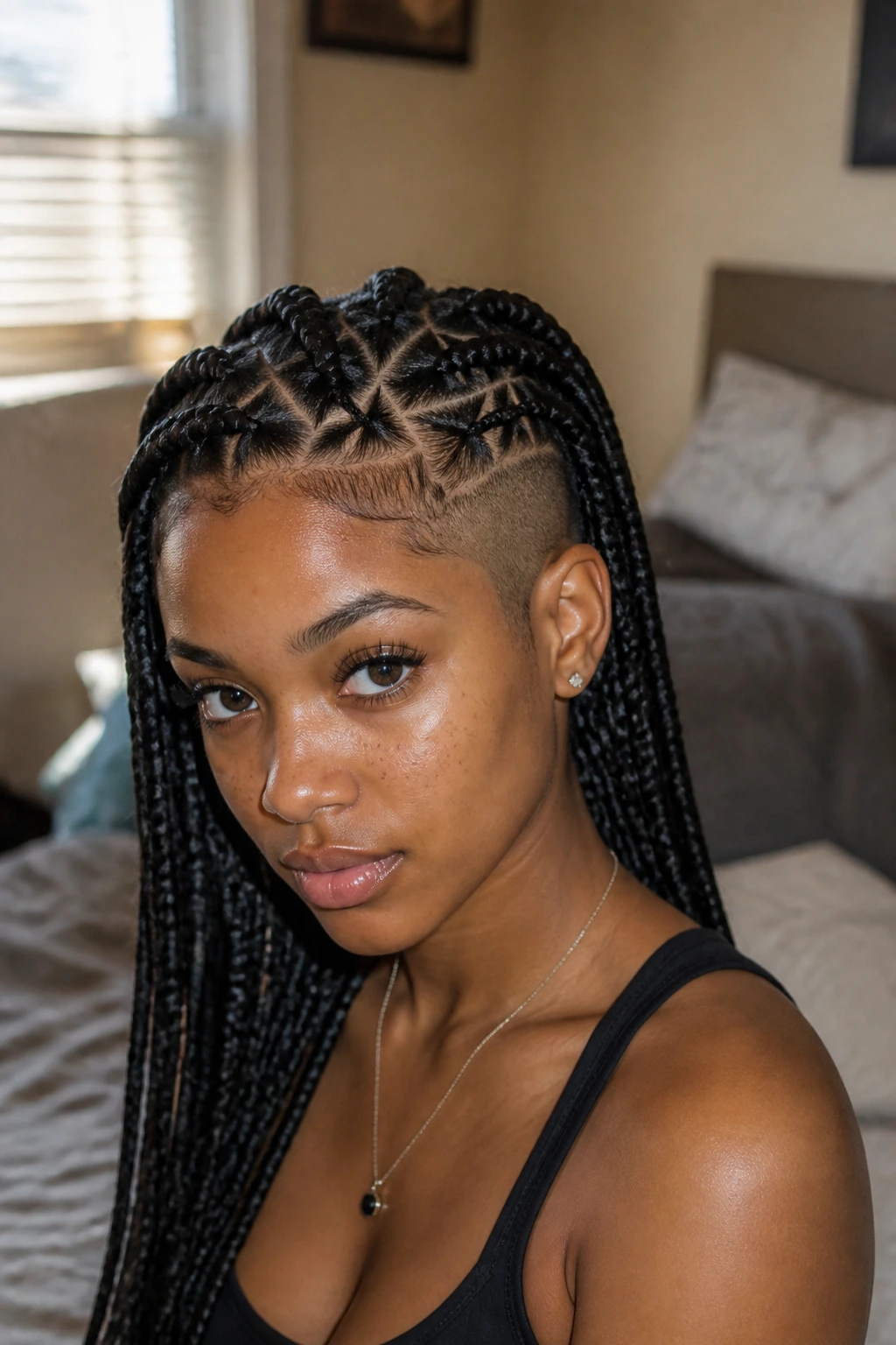 Close-up of triangle-part box braids on a real person.