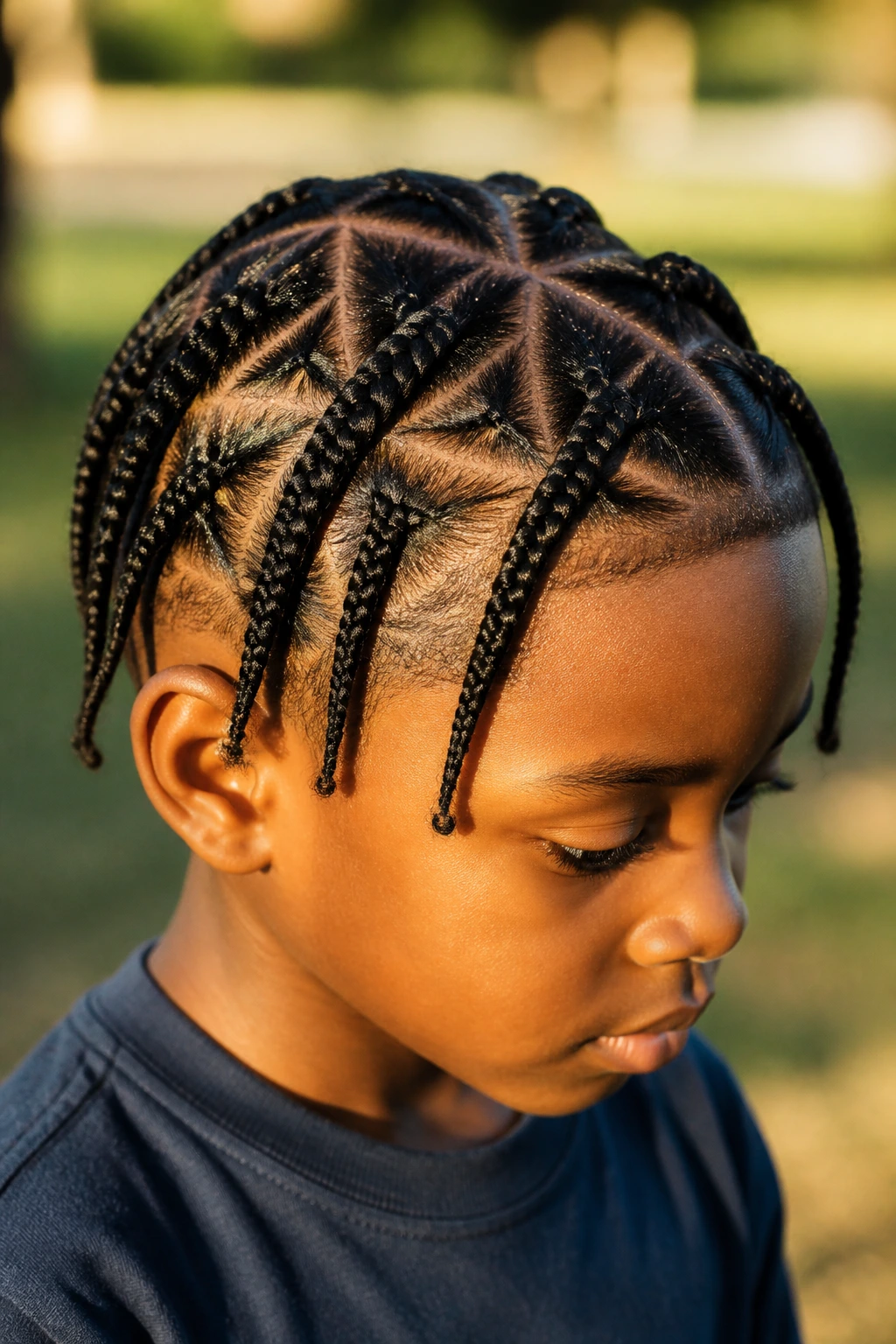 Close-up of a real boy with triangle part box braids.