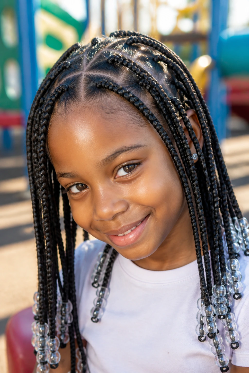 Close-up of a child with triangle-part box braids in natural light