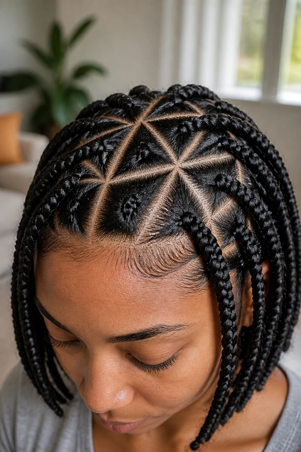 Close-up highlighting triangle-parted box braids on a real person