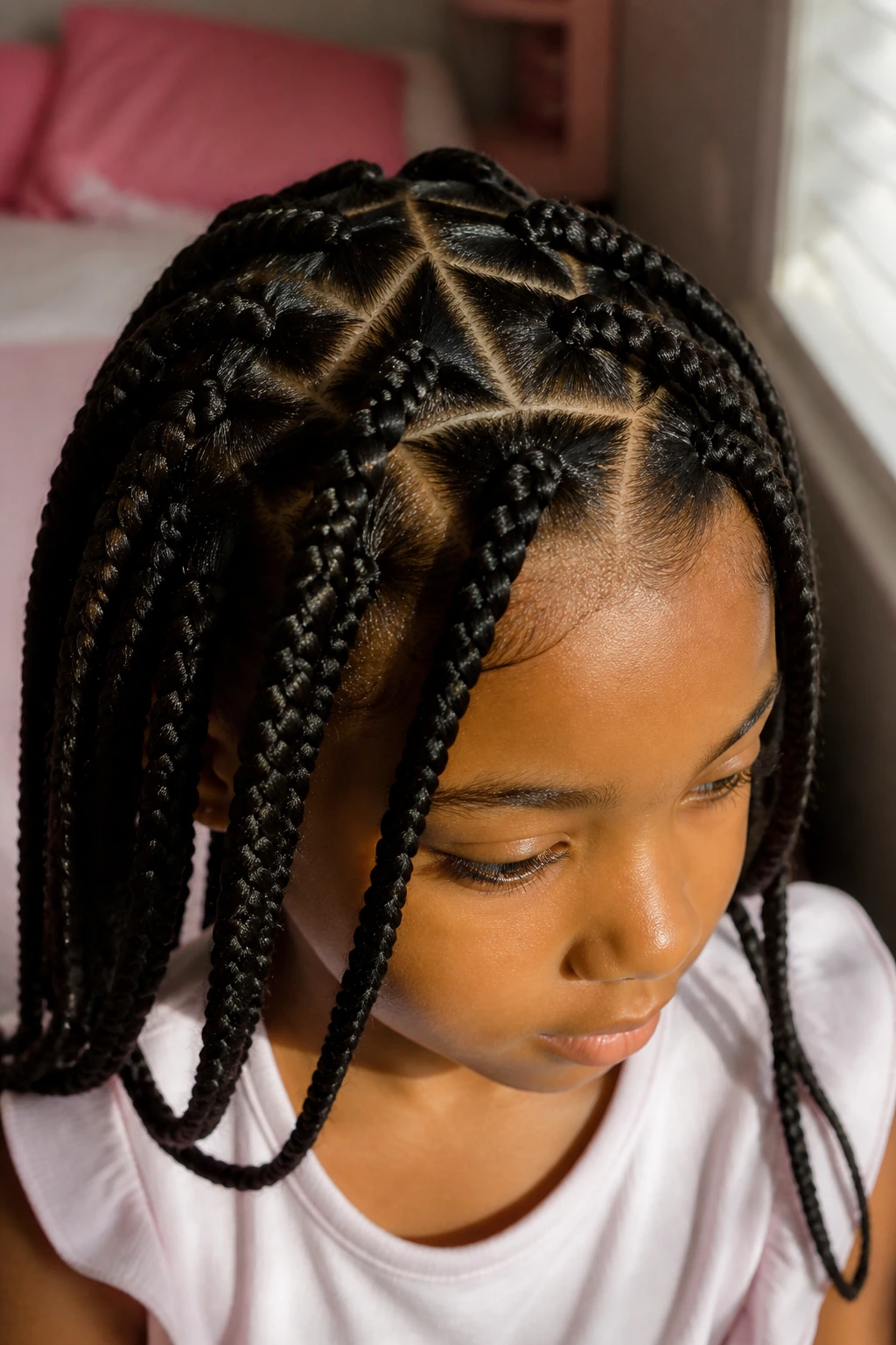 Close-up portrait of a girl with triangle-part box braids under warm window light