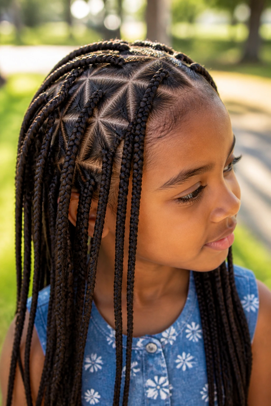 Close-up of a girl with triangle-part box braids in a sunlit outdoor park