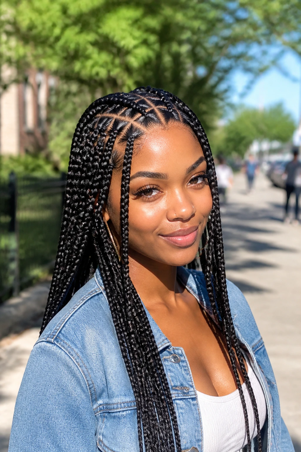 Portrait of a person with triangle-part braids showing triangular scalp parts
