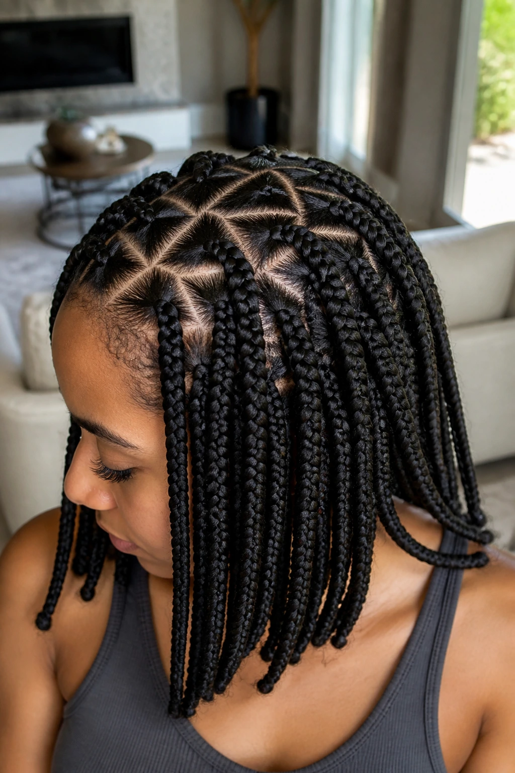 Close-up of triangle-part box braids on a real woman