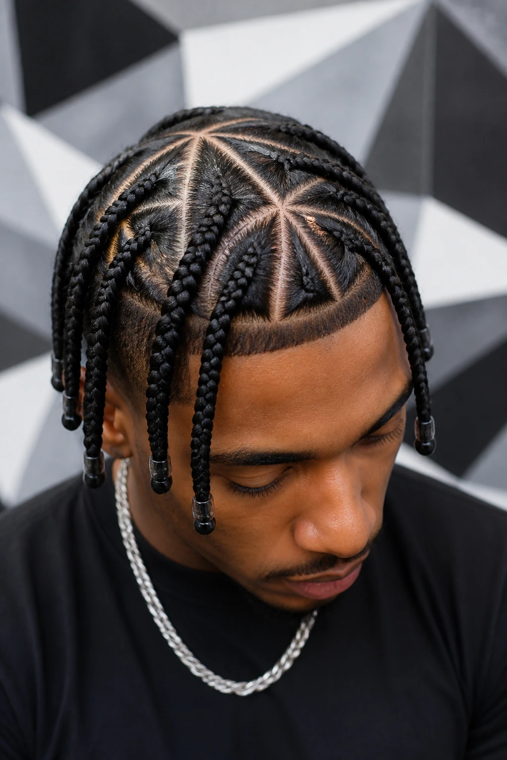 Real man with triangle-part box braids portrait beside a geometric mural