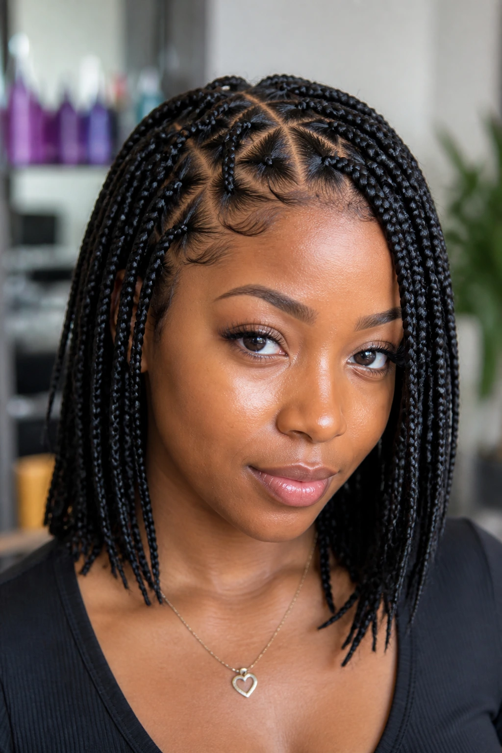 Close-up of a real woman with triangle-parted box braids visible along the scalp.