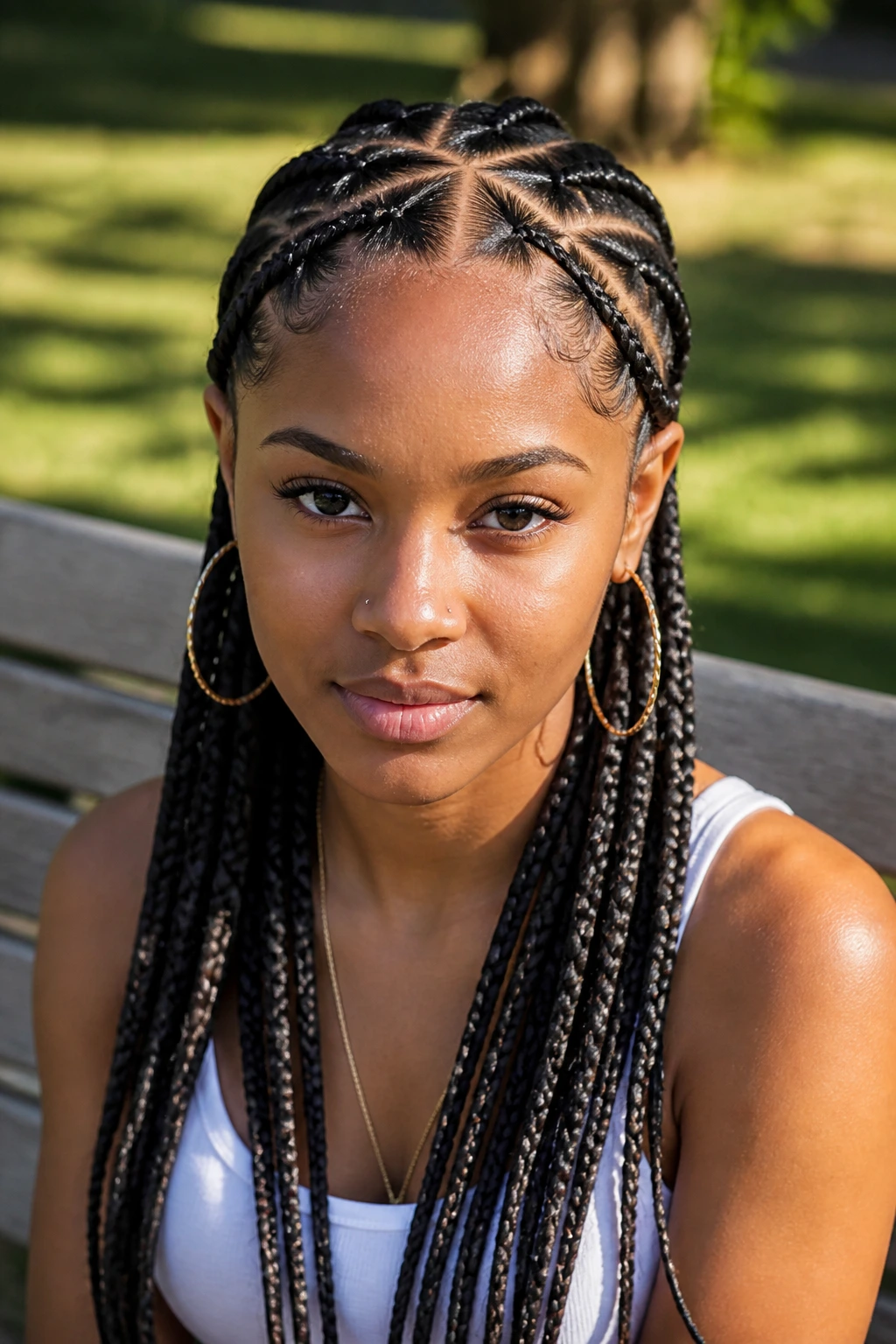 Close-up of a real woman wearing triangle-part feed-in braids with triangular scalp parts