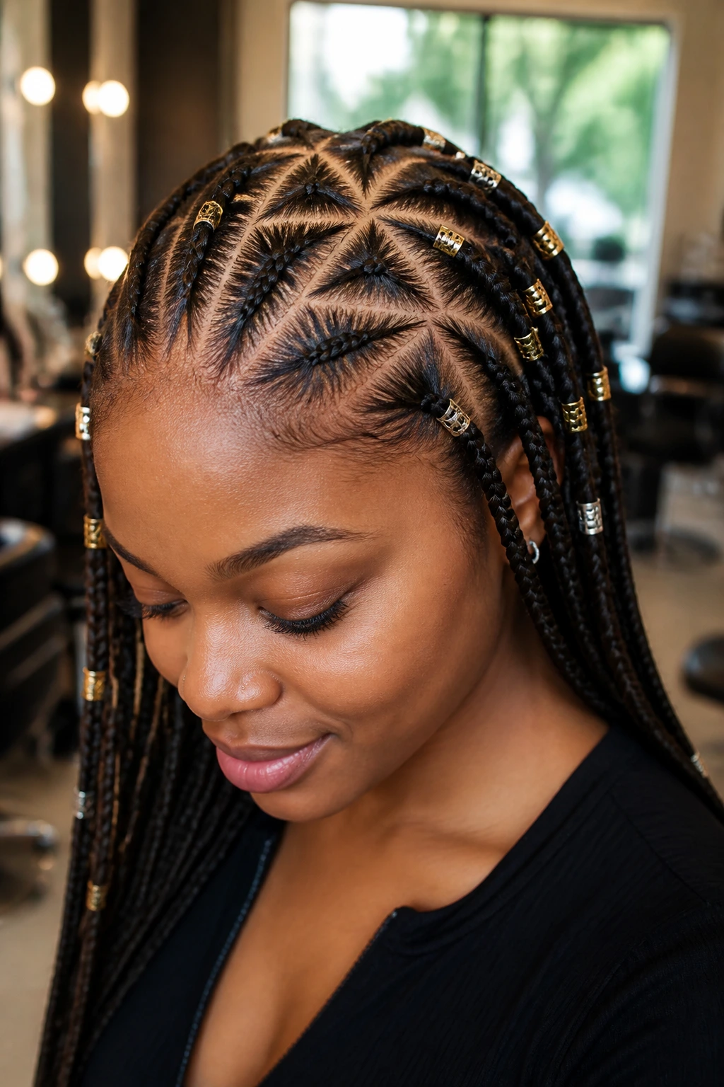 Close-up of triangle-part braids with gold and silver beads on a real woman, scalp parts visible.