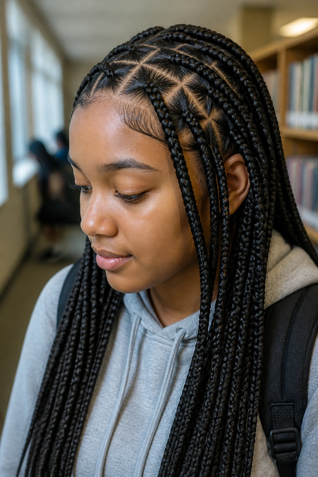 Close-up of a student with triangle-part feed-in braids