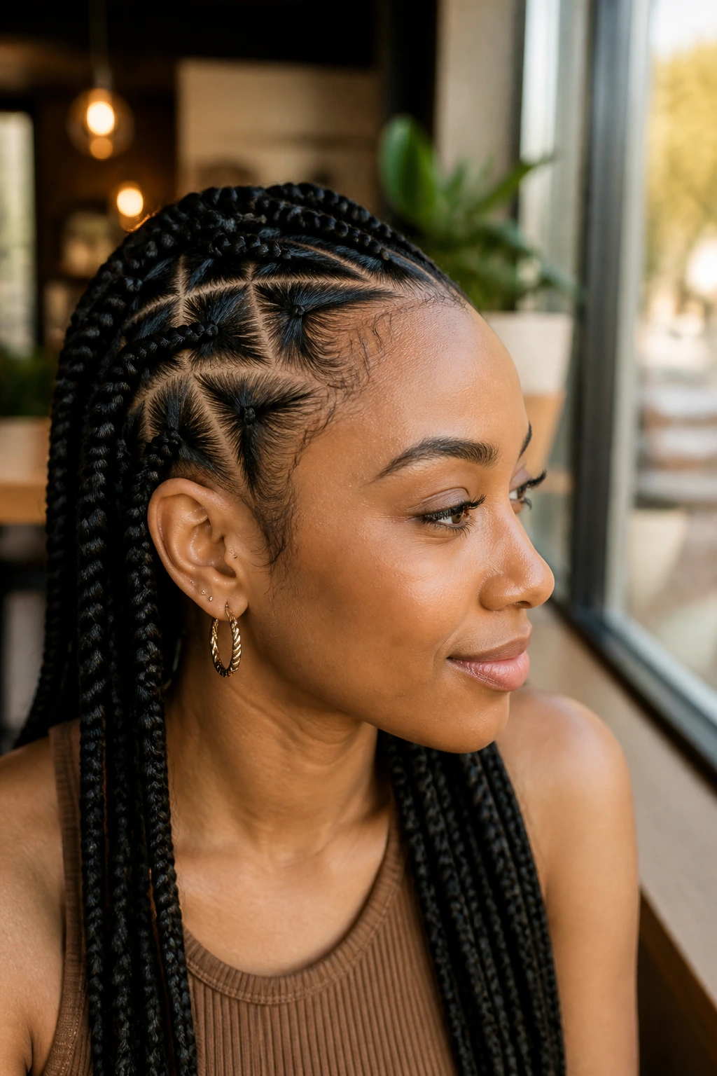 Real woman with triangle-part feed-in braids showing sharp geometry at the roots