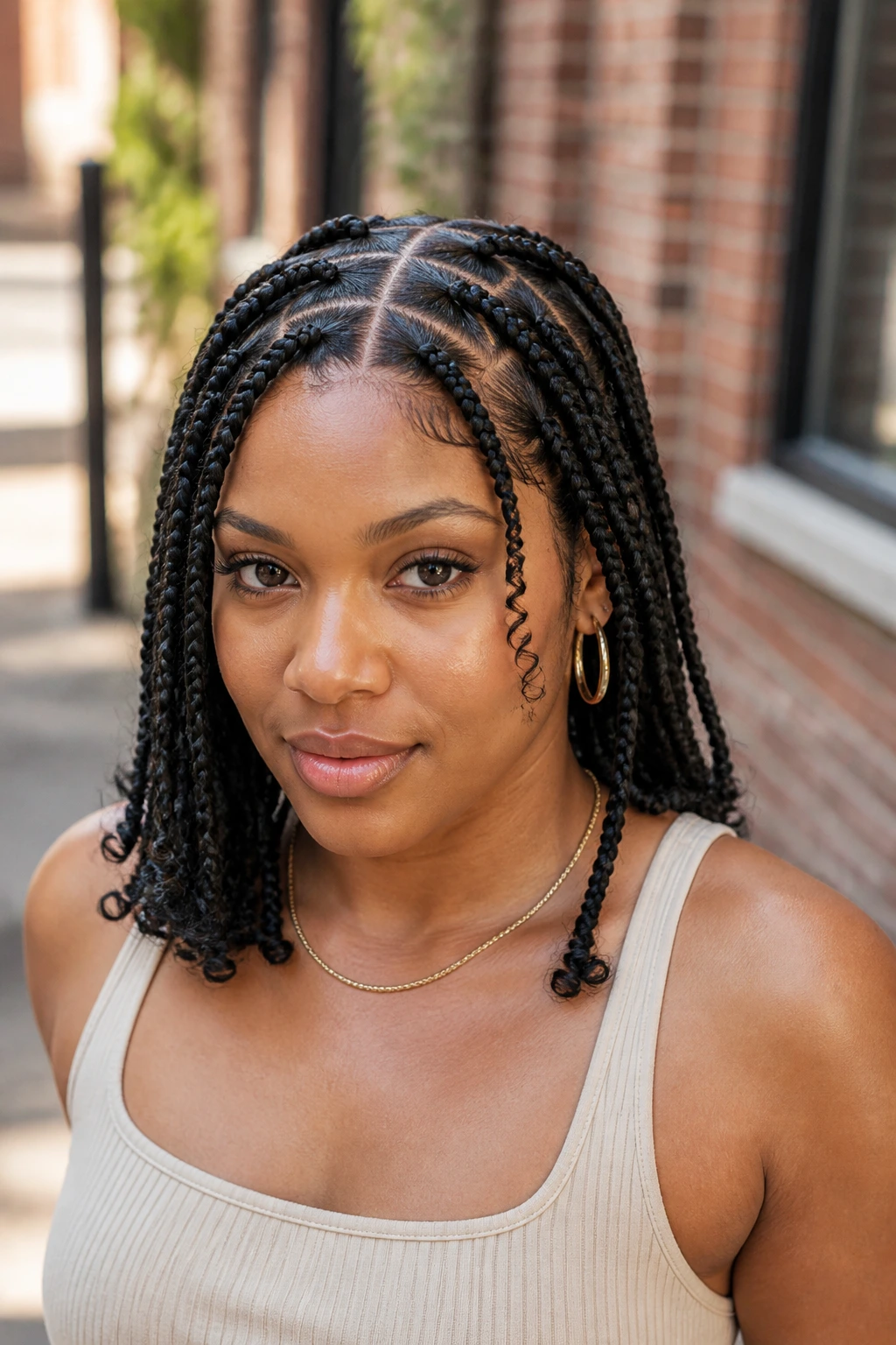Close-up of a real woman wearing triangle-part braids with a scalp grid
