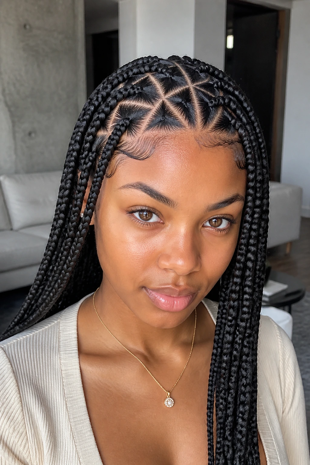 Front view showing triangle-part box braids on a real person