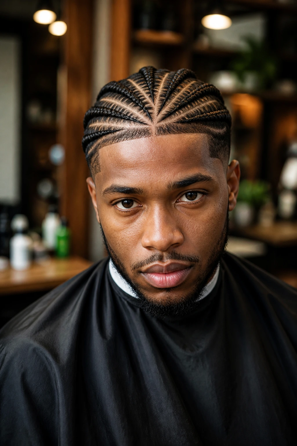 Close-up of a man with triangle-part braids in a barber shop setting.