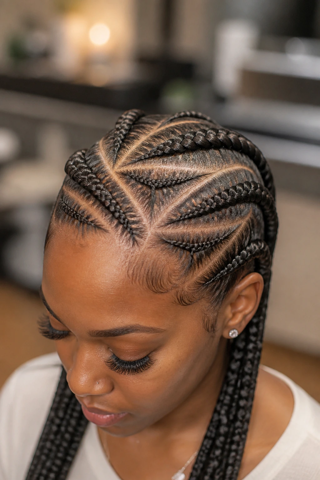 Close-up of triangle-part cornrows on a real woman.